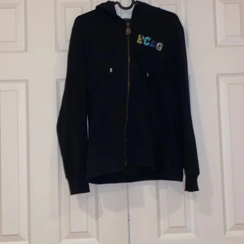 BCBG Maxazria  rhinestone logo black hoodie sweater Sz L - Picture 14 of 15